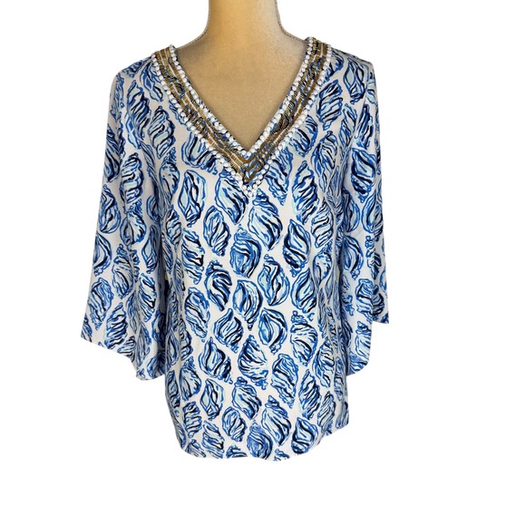 Lilly Pulitzer Resort White Kailen Top Drop In Blue Shells Embellished Tie Waist - Picture 6 of 13